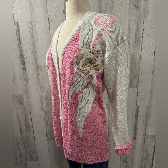 Vintage Sweaters - Vintage cardigan floral bloomcore‎ 90s 80s unique medium knit barbie core